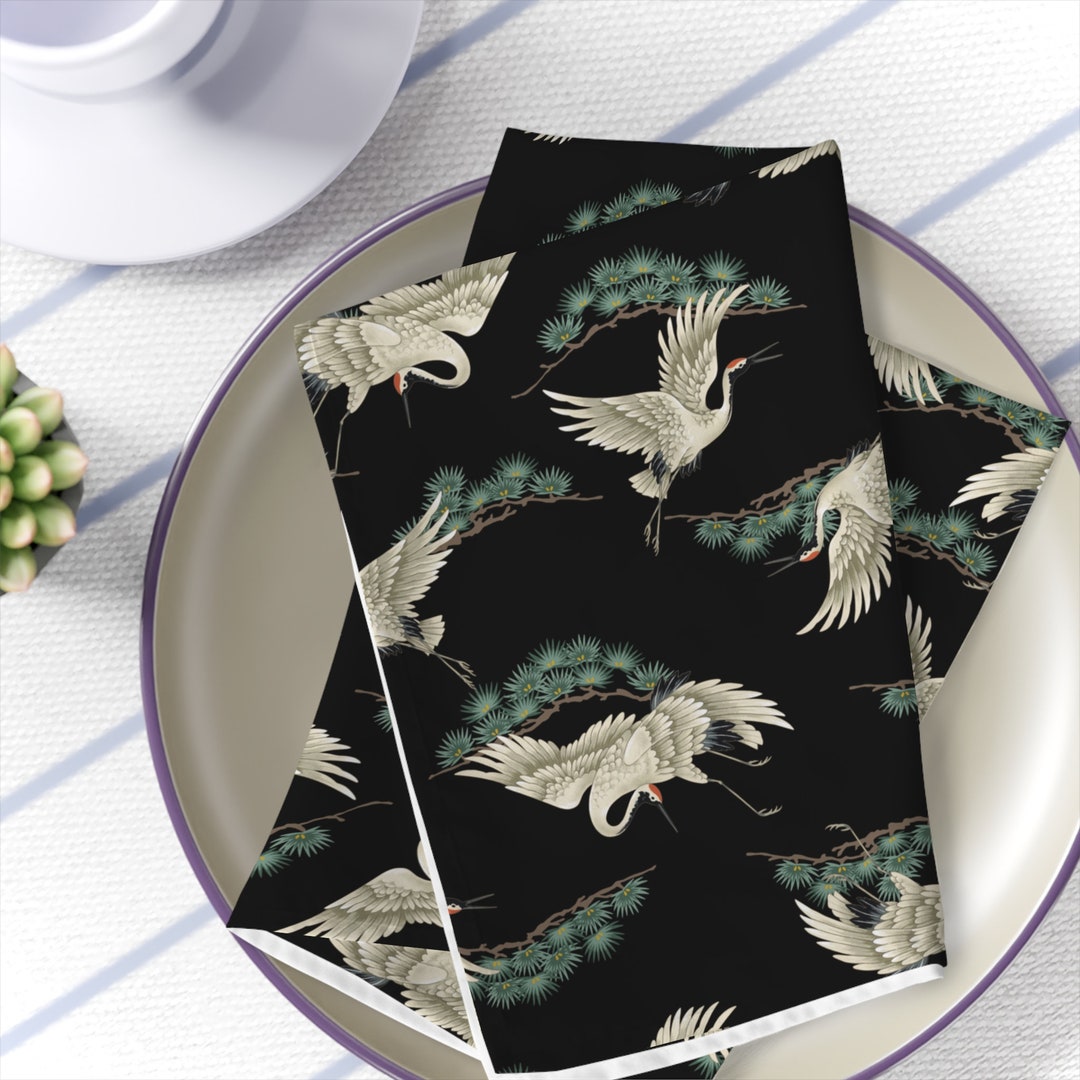 Japanese Table Napkins Vintage Black Green Napkins Set of 4 Chinoiserie