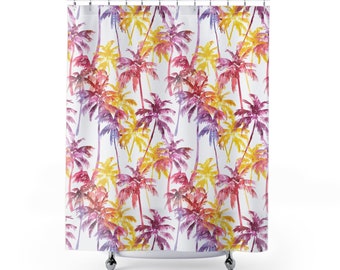 Palm trees Shower Curtain tropical Bathroom Decor pink yellow jungle Shower Curtain watercolor spring summer exotic botanical trendy unique