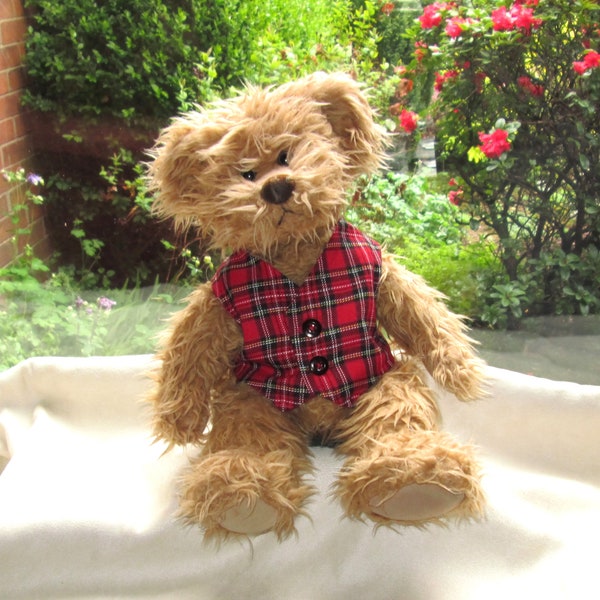 Teddy Bear Clothes, Handmade Red Stewart Tartan Lined Waistcoat/Vest, Black Buttons, To Fit A 14 Inch Bear, Ready Made