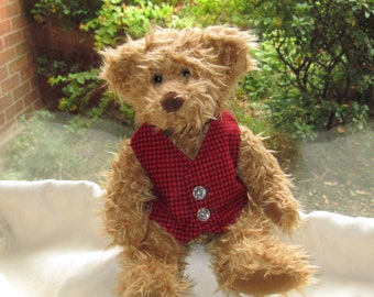 Teddy Bear Clothes, Handmade Red Check Patterned Lined Waistcoat/Vest To Fit A 14 Inch Bear, Bear Accessories, Ready Made