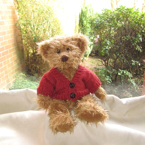 Teddy Bear Clothes, Hand Knitted Burnt Orange Cardigan/Jacket With Brown Leather Look Buttons, To Fit A 14 To 15 Inch Bear, Ready Made