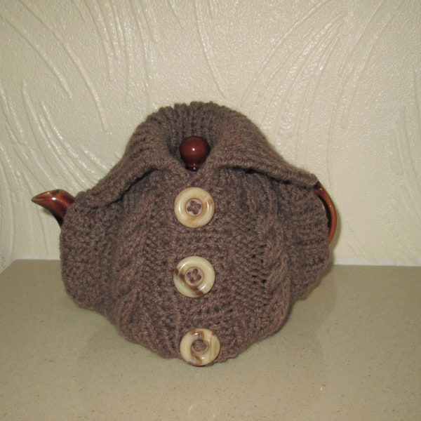 Hand knitted Novelty Brown Aran Cable Patterned Jacket/Coat Tea Cosy/Tea Cozy Small Teapot To Fit 2 To 3 Cup Tea Pot, Ready to Post