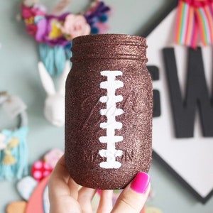 Glitter Football Mason Jar Sports Party NFL- Super Bowl Centerpieces Summer Party Football Sunday Dads Gift Boyfriend- Party
