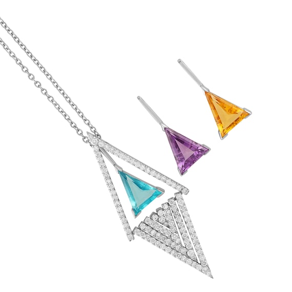 The Ela Triangle Pendant - 18 kt White Gold with 1.4 ctw GVS Diamond and 3 Interchangeable Semi-Precious Gemstones