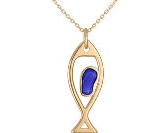 14K Yellow Gold Fish Pendant Necklace with Blue Onyx