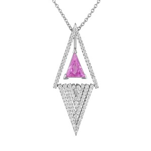 May include: A silver pendant necklace featuring a geometric design. The pendant has a pink triangular gemstone set within a diamond-studded frame. Below the gemstone, a series of diamond-studded chevrons extend downward. The necklace chain is also silver.