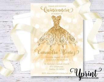 Quinceañera Invitación Oro Elegante 15 Cumpleaños Vestido Brillo Descarga Digital Mis Quince Anos Invitar 5x7