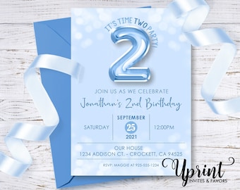 es hora de invitación de dos fiestas, invitación de cumpleaños de Baby Boy 2, invitación de cumpleaños azul claro, invitación de dos fiestas de tiempo, invitación de globo de cumpleaños 2