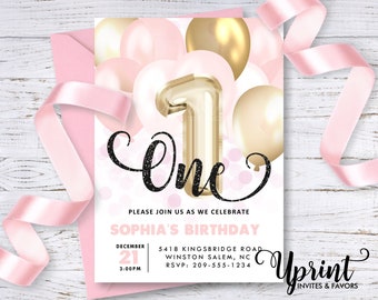 Invitación de globo de 1er cumpleaños, invitación de primer cumpleaños de niña bebé, invitación de niña rosa y dorada, globo rosa y dorado, invitación, invitación de 5x7