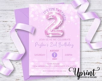 Tiempo dos fiesta 2 º cumpleaños globo invitación, chica 2 º cumpleaños invitar, rosa y púrpura chica invitación, rosa número 2 globo invitar 5X7