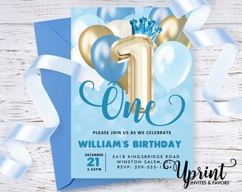 Invitación de primer cumpleaños con globos, invitación de primer cumpleaños de bebé niño, invitación de príncipe azul y dorado, invitación de globo azul y dorado, invitación de 5x7