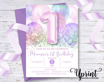 Invitación iridiscente para primer cumpleaños con globos, invitación para primer cumpleaños de niña, invitación iridiscente, invitación con globos rosa y morado de 5x7