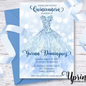 Quinceanera Invitation Light Blue Elegant 15th Birthday Dress Glitter Digital Download Mis Quince Anos Invite 5x7