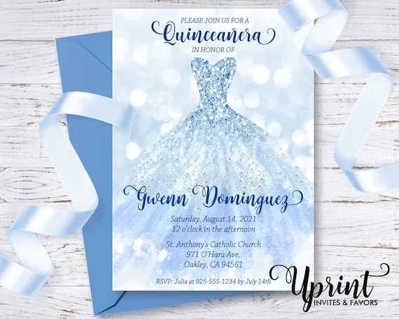 Invitación de quinceañera azul claro elegante vestido de 15 cumpleaños con  purpurina descarga digital Invitación de mis quince años 5x7