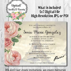 Vintage Paris Quinceanera Invite, Paris Invitation, Quinceanera Invitation, Vintage Invitation, Effile Tower Invitation - 5x7 Digital File