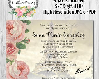 Invitación vintage de quinceañera parisina, invitación parisina, invitación de quinceañera, invitación vintage, invitación de torre Effile - archivo digital de 5x7