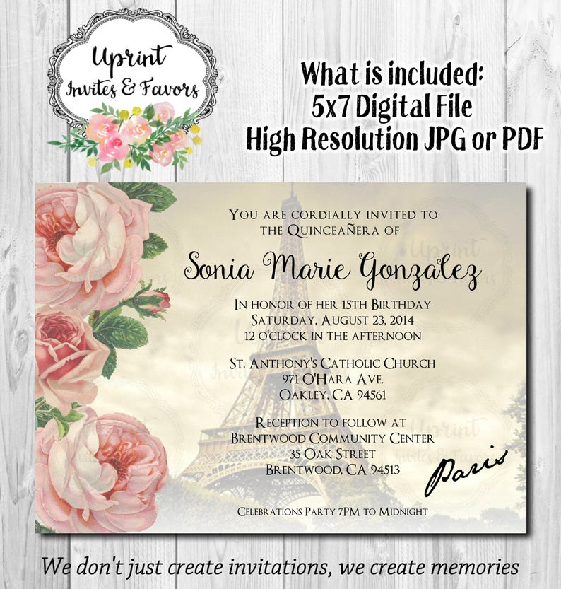 K&ouml;nnte beinhalten: Eine Quincea&ntilde;era-Einladung mit einem rosafarbenen Blumendesign und einem Foto des Eiffelturms. Die Einladung enth&auml;lt den Namen Sonia Marie Gonzalez, das Datum 23. August 2014 und den Ort St. Anthony's Catholic Church. Die Einladung enth&auml;lt auch den Text "We don't just create invitations, we create memories."