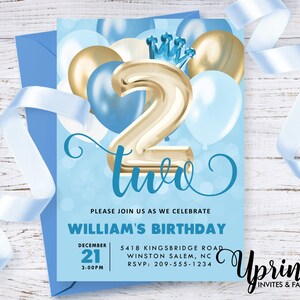 2nd Birthday Balloon Invitation, Baby Boy 2nd Birthday Invite, Blue and Gold Prince Invitation, Blue and Gold Balloon Invite, 5x7 Invite