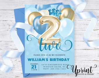 Invitación de globo de cumpleaños 2, invitación de cumpleaños de bebé niño 2, invitación de príncipe azul y oro, invitación de globo azul y oro, invitación de 5x7