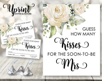 Adivina cuántos besos para pronto ser la señora, juegos de despedida de soltera floral de marfil, juego de ducha de boda floral de marfil, descarga instantánea 8x10