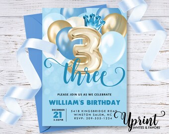 Invitación de globo de 3er cumpleaños, invitación de 3er cumpleaños de niño, invitación de globo azul y oro, invitación de globo de 3er cumpleaños azul y oro, 5x7