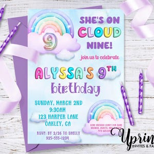 May include: A colorful birthday invitation with a rainbow and clouds. The text reads "She's on Cloud Nine!" and "Alyssa's 9th birthday". The invitation includes the date, time, and location of the party. RSVP information is also included.