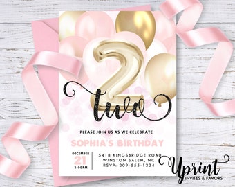 Invitación de globo de cumpleaños 2, invitación de cumpleaños de niña 2, invitación de niña rosa y oro, invitación de globo rosa y oro, invitación de 5x7