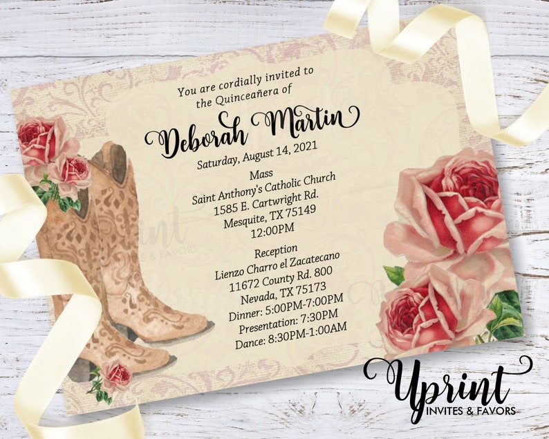 May include: A vintage-style invitation for a Quincea&ntilde;era, featuring a floral design with pink roses and cowboy boots. The invitation includes the name "Deborah Martin" and the date "Saturday, August 14, 2021".