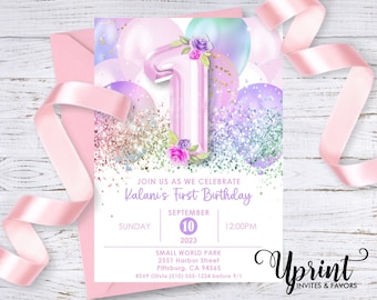 Invitación digital del 1er cumpleaños de niña con globos y flores en morado y rosa con brillo iridiscente