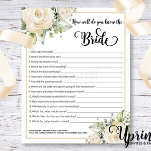 How well do you know the Bride Bridal Shower Game, Bridal Shower Game Instant Download, Romantic Ivory Flowers with Greenery.