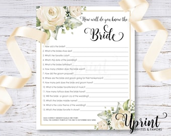 ¿Qué tan bien conoces el juego de ducha de novia, boda ducha juego de descarga instantánea, flores de marfil romántico con greenery.