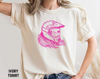 Womens Snowmobile Helmet T-Shirt, Comfort Colors Tee, Female Rider Graphic Shirt, Long Hair Snowmobile Helmet Trail Riding Shirt