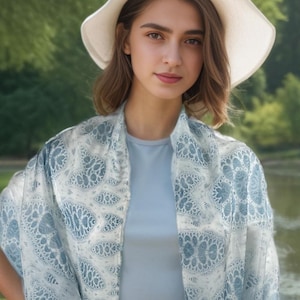 Sheer White and Light Blue Silk Shawl, Scarves for women, summer lightweight shawl