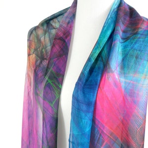 Ombre multicolor light silk scarf, unique gift for woman, Art scarf, silk chiffon shawl, fuschia purple, Summer Scarf for Woman, image 3