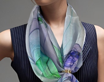 Long translucent silk chiffon scarf, white with violet, blue and green, Gift for Woman, "Ink and Water III"