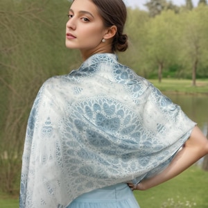 Sheer White and Light Blue Silk Shawl, Scarves for women, summer lightweight shawl