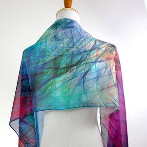 Ombre multicolor light silk scarf, unique gift for woman, Art scarf, silk chiffon shawl, fuschia purple, Summer Scarf for Woman, image 4