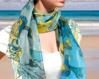 Light Silk Shawl for women in Blue and Yellow, sheer chiffon wrap, thank you gift
