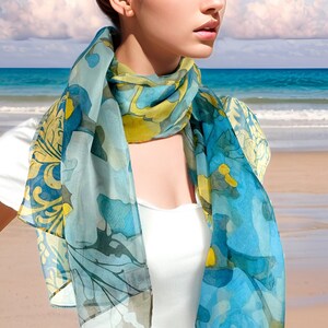 Light Silk Shawl for women in Blue and Yellow, sheer chiffon wrap, thank you gift image 1