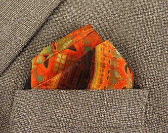 Silk Pocket Square, Elegant 3D Fractal Silk Handkerchief, science gift for men, "Architectonic in Orange and Green"