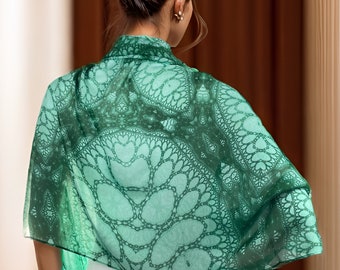 Long Silk Chiffon Scarf Shawl: Green Fractal Wings Design