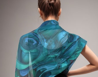 Fine Silk Shawl for women in Green-Blue, sheer chiffon wrap, Oceanic Wave in Green-blue