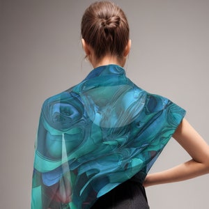 Fine Silk Shawl for women in Green-Blue, sheer chiffon wrap, Oceanic Wave in Green-blue