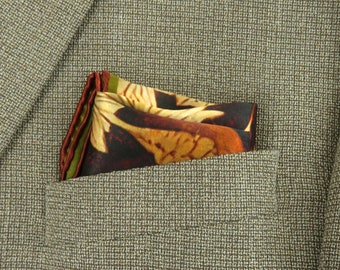 Brown Silk Pocket Square, "Autumn Leaves" Design, Gifts for Men, Science gifts