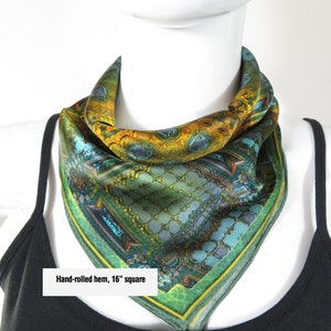 Small Silk Scarf, &quot;Architectonic I&quot;, 3D Fractal design, 16&quot; Square Neckerchief, gifts for her, small scarf, hand-rolled hem, purse scarf