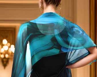 Sheer Blue Silk Scarf, Scarves for women, lightweight shawl, Blue Green silk shawl,  unique gift, water, ocean - LSC228