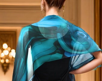 Sheer Blue-Green Silk Scarf, Scarves for women, lightweight Oceanic Blue silk shawl