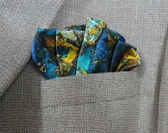Mulberry Silk Blue and Yellow Pocket Square, "Mosaic", Gift for Man
