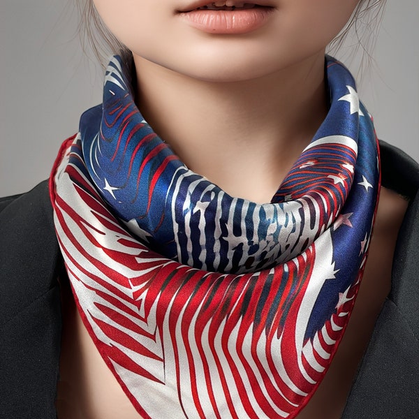 Small Red White and Blue Silk Scarf, "Stars and Stripes" patriotic silk neckerchief