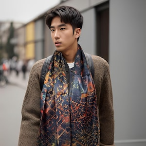 May include: A young person wearing a brown sweater with a colorful patterned scarf. The scarf has a fringe on the bottom and is tied around the neck.